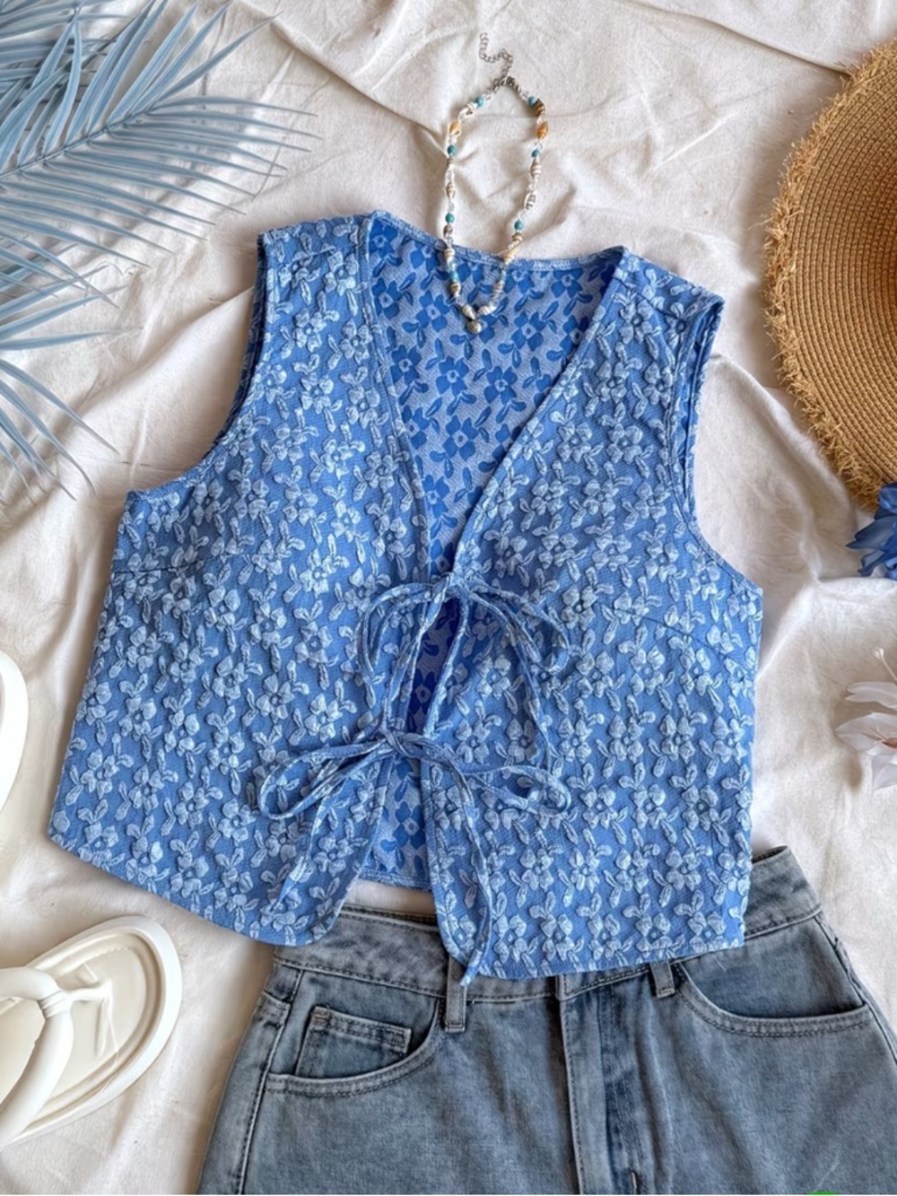 Blue Floral Tie-Front Crop Top